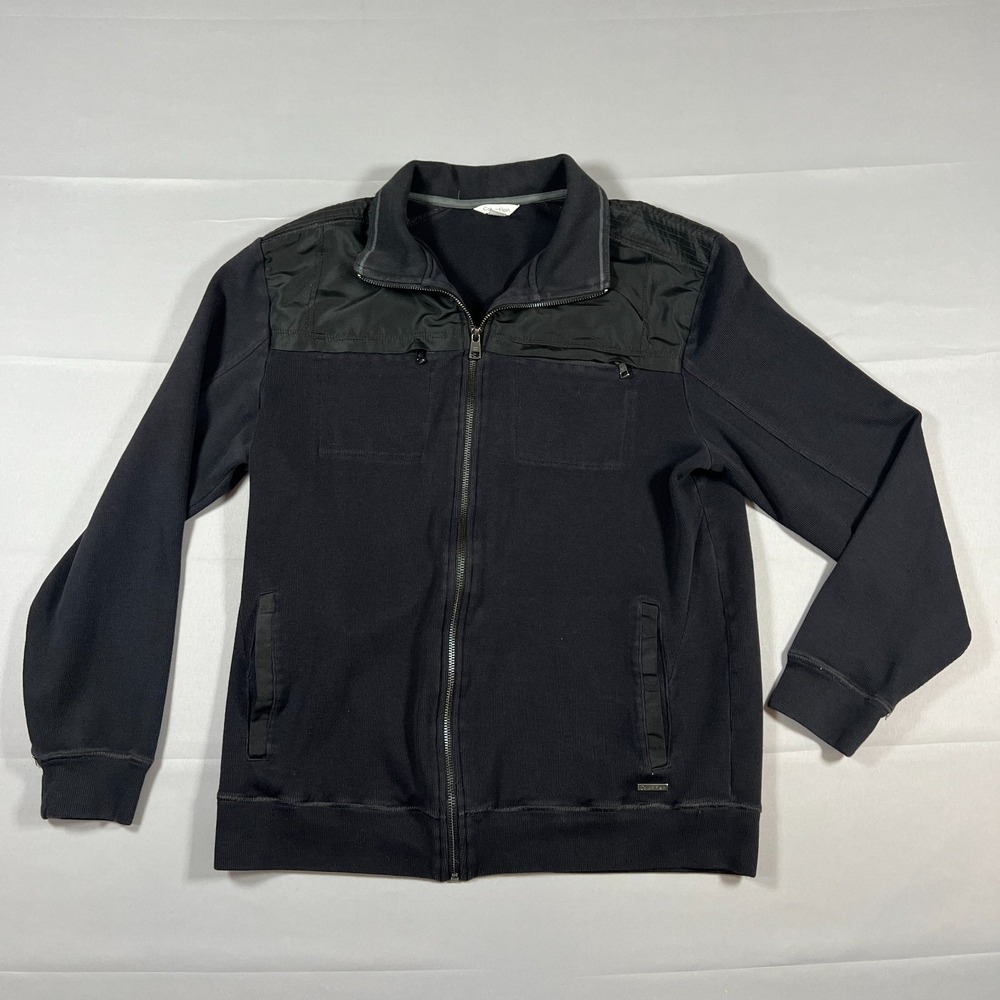 Calvin Klein Knit Zip Up Jacket Mens L Black Lightweight Mock Neck Raglan Sleeve